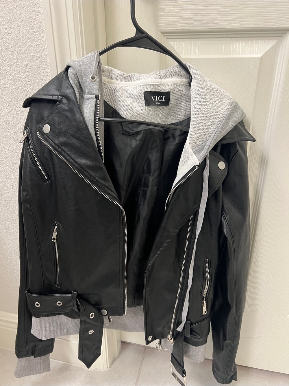 VICI Black Leather Moto Jacket with Light Gray Hooded Liner